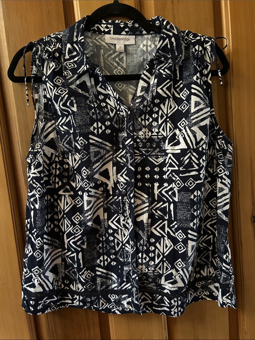 breckenridge Navy and White Geometric Cold-Shoulder Button-Down Top